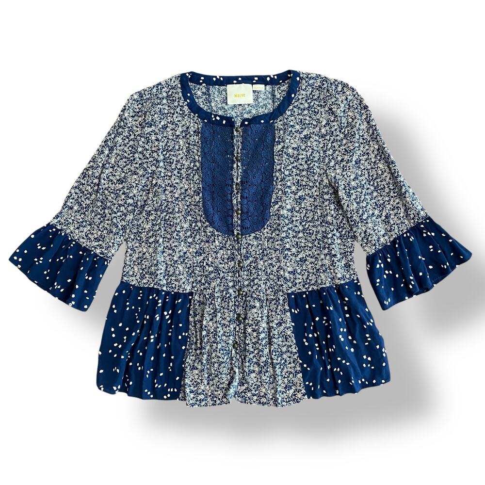 Anthropologie Maeve Hiver Blue 3/4 Sleeve‎ Size 6 Boho Peasant Blouse